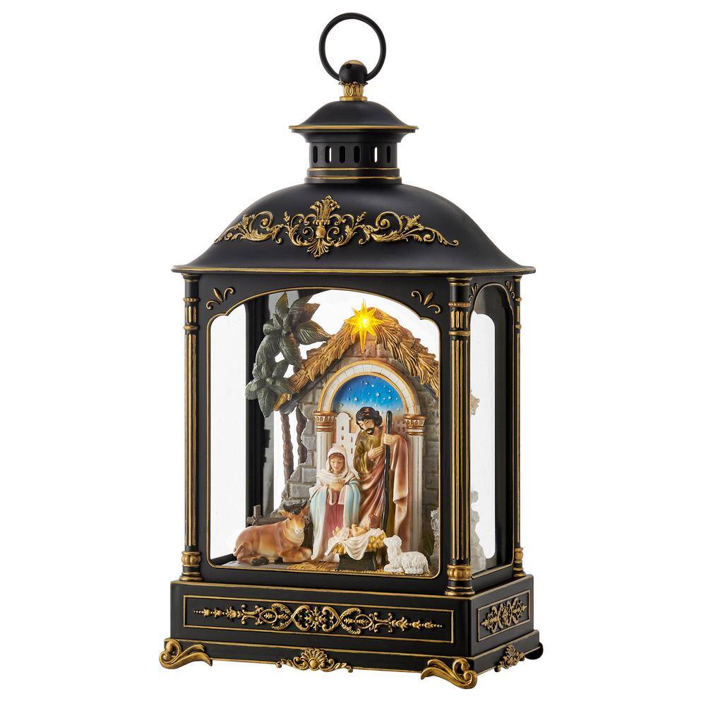 Antique Black and Gold Nativity Diorama Lantern with Light
