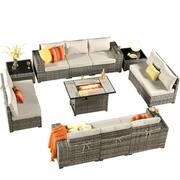 Crater Grey 13-Piece Wicker Wide-Plus Arm Outdoor Fire Pit Patio Conversation Sofa Set with Beige Cushions