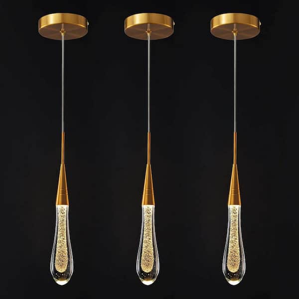 Kitchen Light 3-Light Gold Ceiling Dimmable LED Modern Mini Teardrop Crystal Pendant Lights ,3Pack