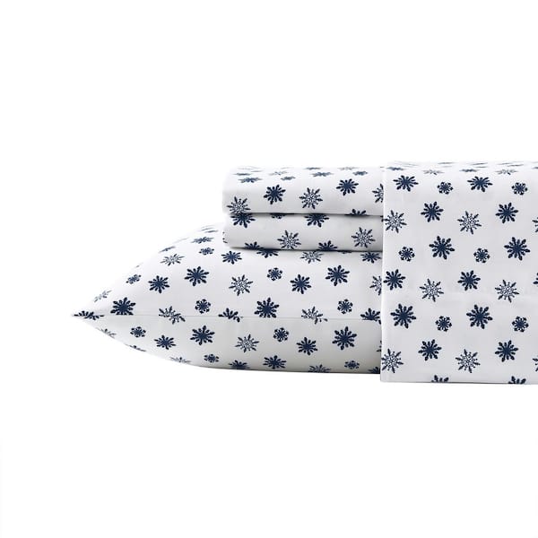 Snowflake Toss 4-Piece Navy Flannel Cotton King Sheet Set
