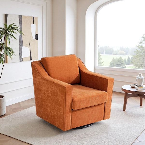 Orange Chenille Upholstered Swivel Accent Barrel Chair(Set of 1)