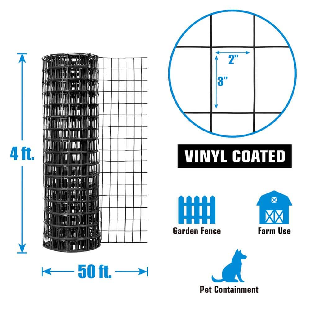 Black Vinyl Coated Welded Metal Garden Fence Wire Roll, 4 ft. x 50 ft.