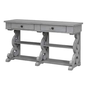 54.10 in. W x 16.00 in. D x 29.80 in. H Gray Linen Cabinet Console Table with Ample Storage, Open Shelves and Drawers