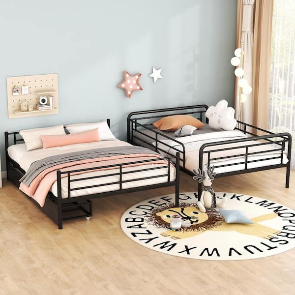 Black Full XL Over Queen Metal Bunk Bed with 2-Drawers