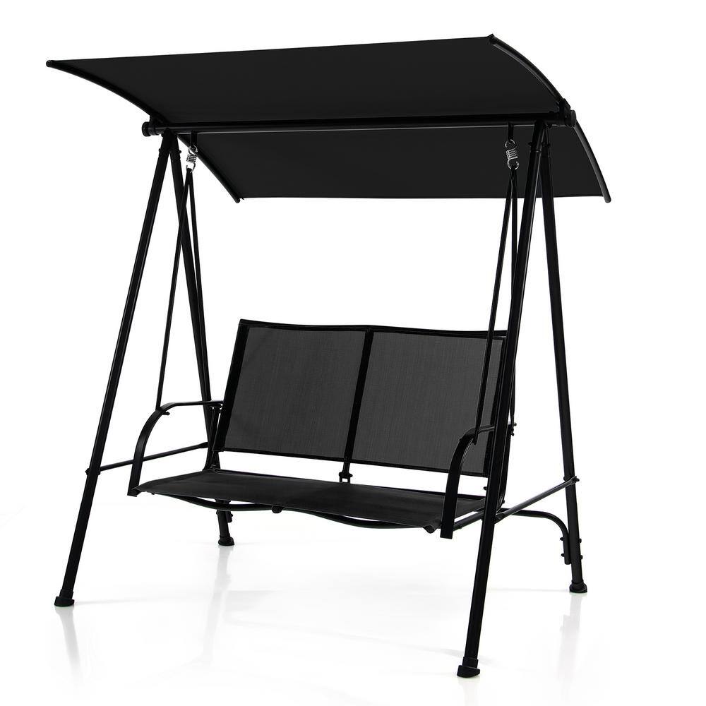Outdoor 2-Person Metal Patio Swing With Adjustable Polyester Canopy, Black