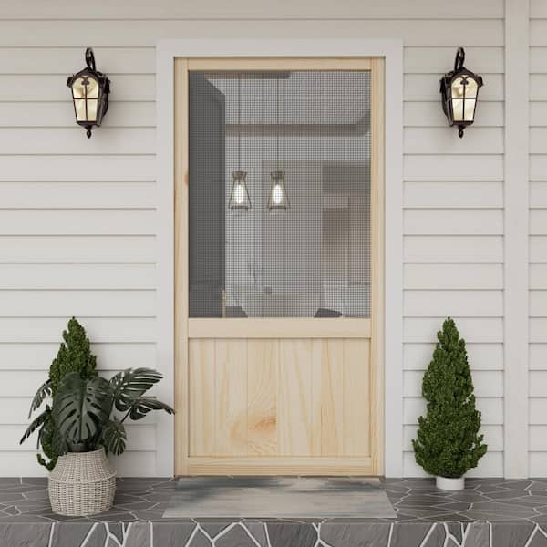 32 in. x 80 in. Rustic Style Universal Paneled Unfinished Pine Wood and Gauze Mesh Hinged Screen Door