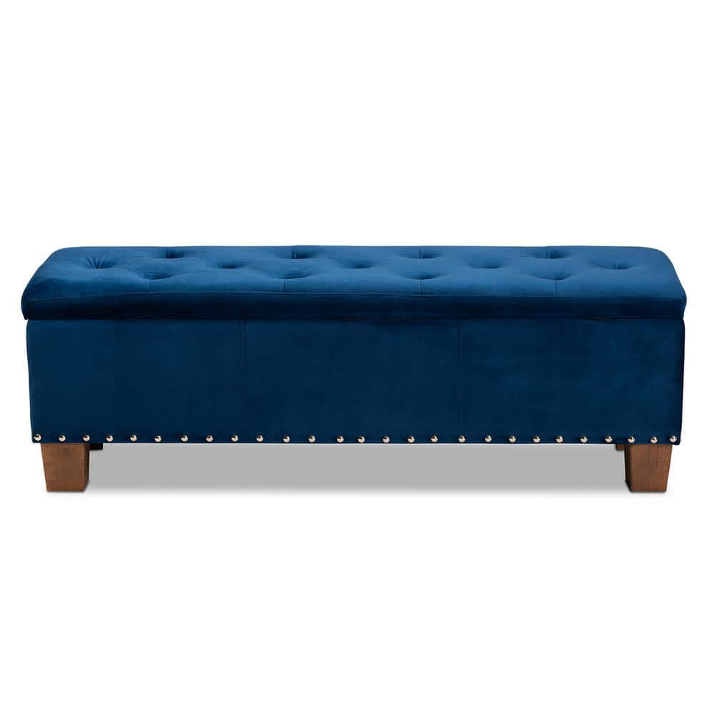 Elegant Navy Blue Velvet Tufted Storage Ottoman Bench with Silver Accents
