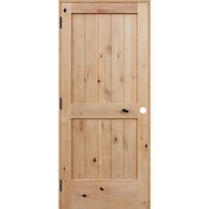 18 in. x 80 in. Rustic Unfinished 2-Panel V-Groove Solid Core Knotty Alder Wood Reversible Single Prehung Interior Door