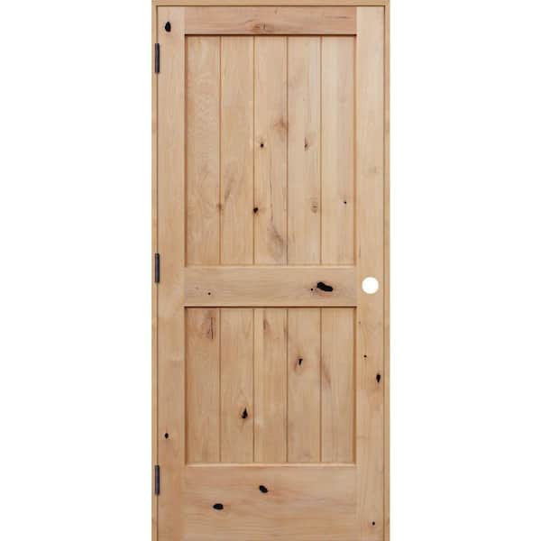 Pacific Entries 28 in. x 80 in. Rustic Unfinished 2-Panel V-Groove Solid Core Knotty Alder Wood Reversible Single Prehung Interior Door