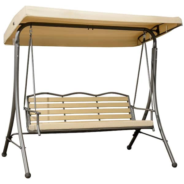 Outsunny 3-Seat Beige Metal Patio Swing Chair with Cushion
