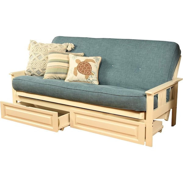 79 in. Antique White/Linen Aqua Linen Upholstered Full Size Futon Set with Mattress and Storage Drawers