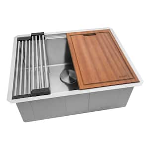 24 in. Workstation Rounded Corners Undermount Ledge Kitchen Sink with Accessories