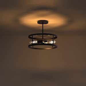 13 in. 2-Light Rustic Farmhouse Black Flush Mount Ceiling Light Drum Fixture for Hallway Kitchen Bedroom