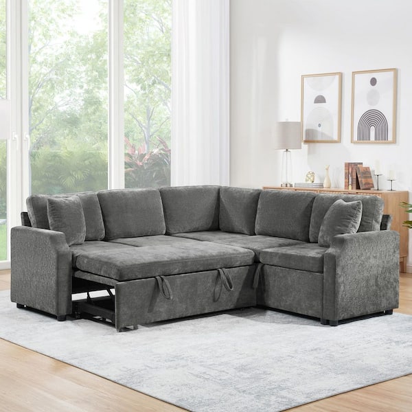 Lara 81.9 in. Chenille Upholstered L-Shaped Sectional Sofa in. Gray with Hidden Storage, Pull-Out Bed, Pillows