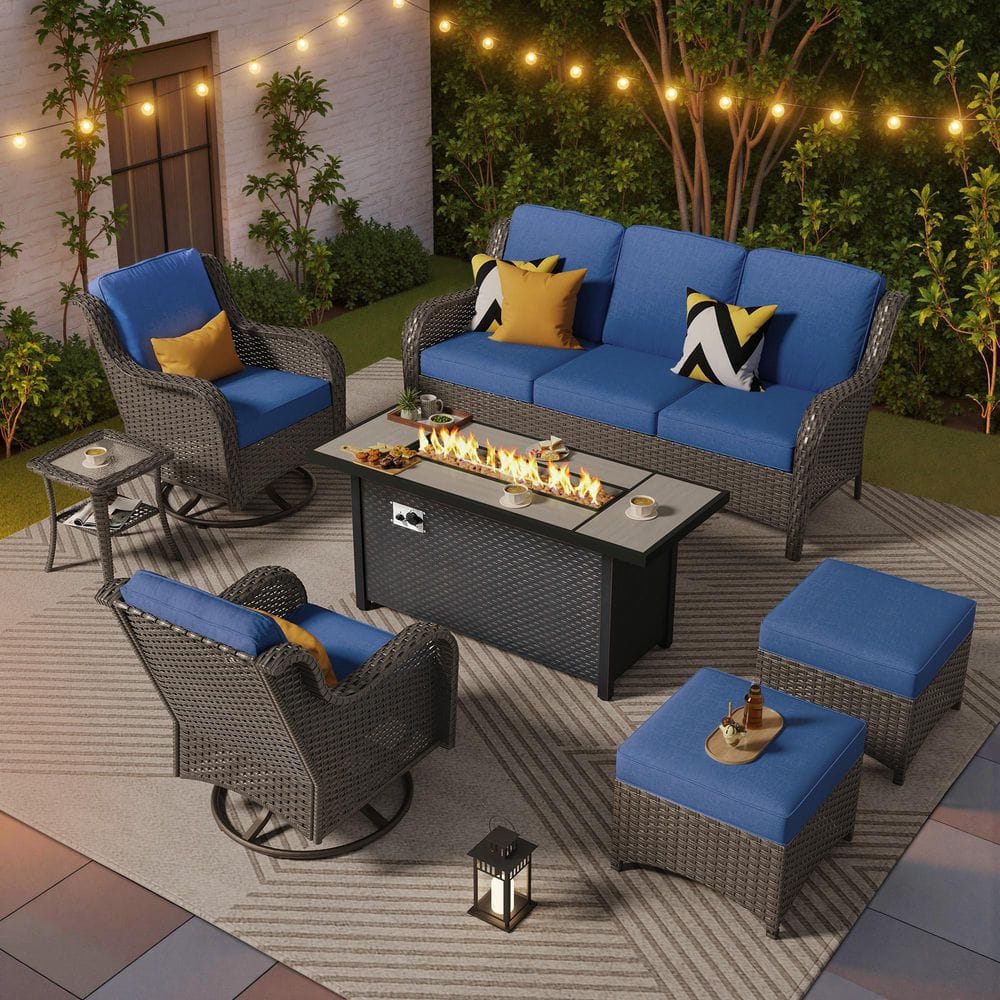Bali 7 Pieces Wicker Outdoor Patio 54 in. Rectangular Fire Pit Set and Swivel Rocking Chairs with Navy Blue Cushions price history on PriceWatchPro