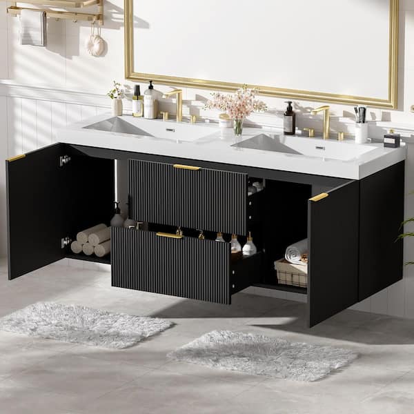 60 in. W Double Sink Floating Black Bath Vanity with White SMC Resin Top, Solid Wood Frame, Soft Close Doors