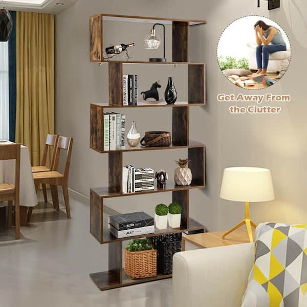 6-Tier S-Shape 76 in. Tall Brown Wood Bookcase Z-Shelf Style Storage Display Rack Brown