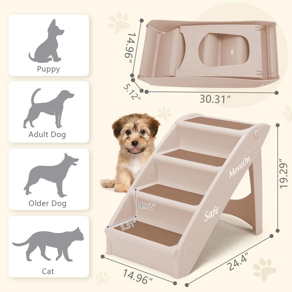 Beige Foldable 4-Step Dog Stairs with Non-Slip Pads