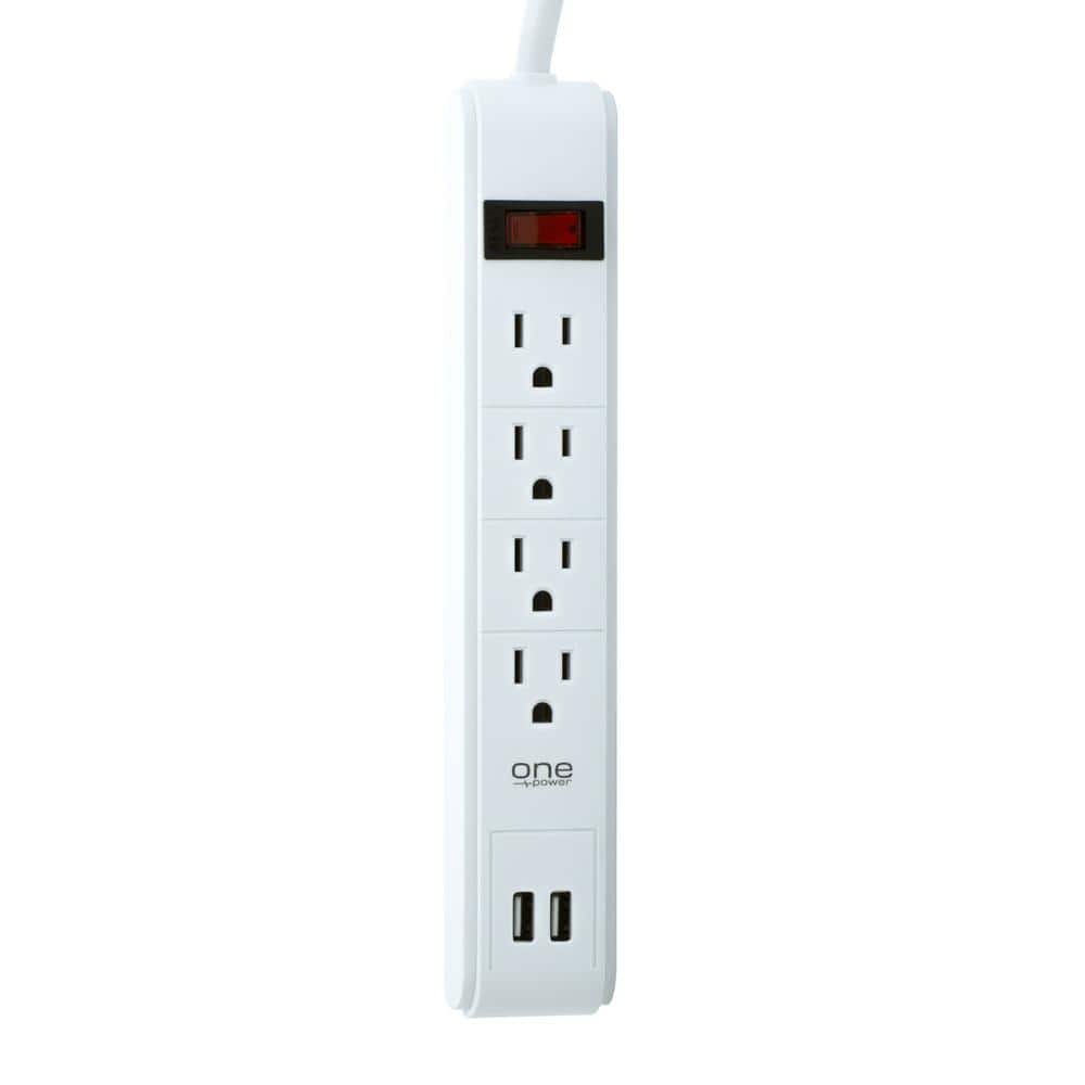 ProMounts Slim Universal 4 Outlet and 2 USB Surge Protector Power Strip with Flat Plug and 4 Ft. Cable ETL Certified, White -  PSS421