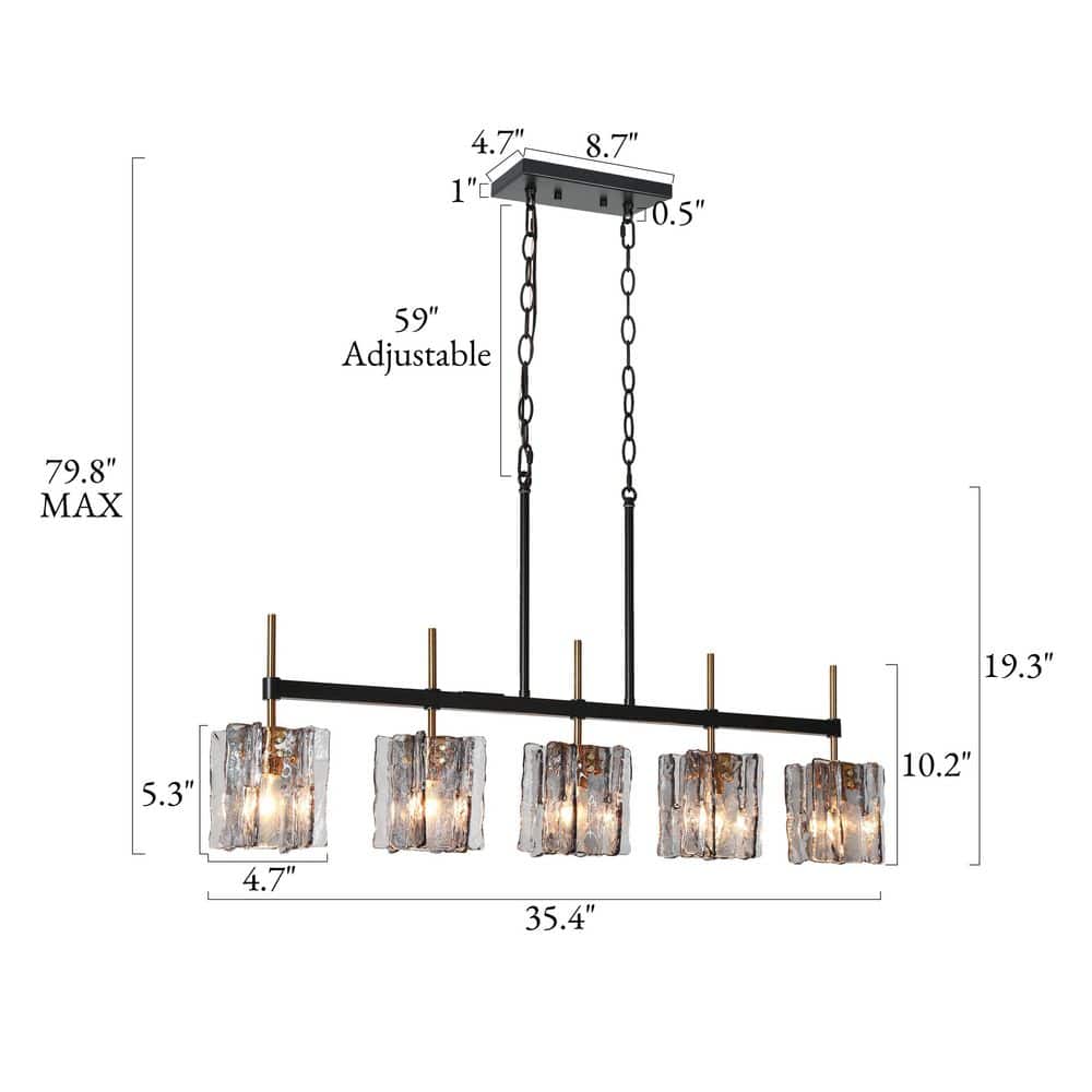 Kasy 5-Light Black and Brass Linear Chandelier with Smoke-Gray Glass
