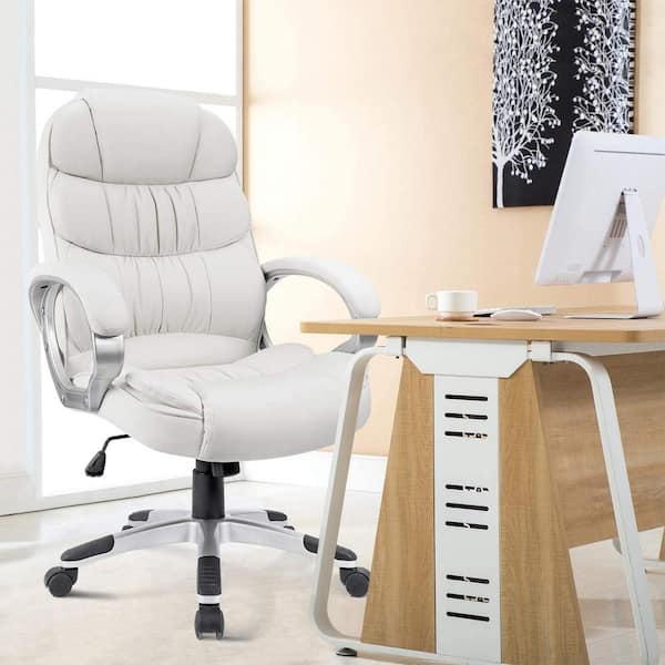 Efomao Desk Office Chair Big High Back Chair PU Leather Computer Chair Managerial Executive Swivel Chair with Lumbar Support (White)