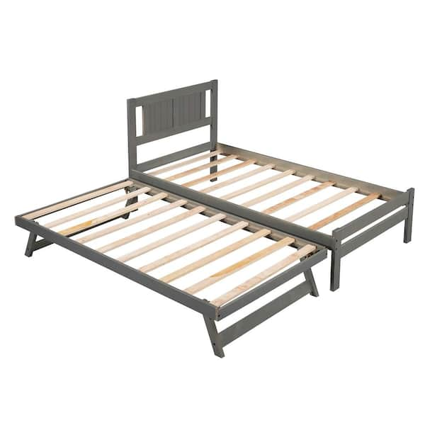 Qualfurn Gray Twin Size Platform Bed with Adjustable Trundle-BWM000247E ...