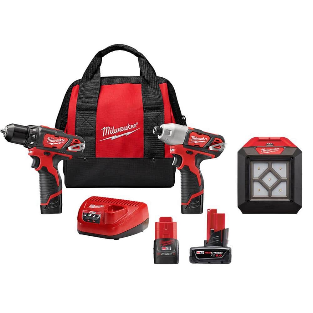Milwaukee M12 12V Lithium-Ion Cordless Drill Driver/Impact Driver Combo Kit w/Compact Flood Light and 6.0 Ah/3.0 Ah Batteries -  2494-22-2364-20