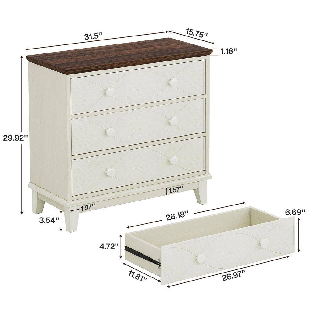 Distressed White and Brown 3-Drawer Farmhouse Nightstand