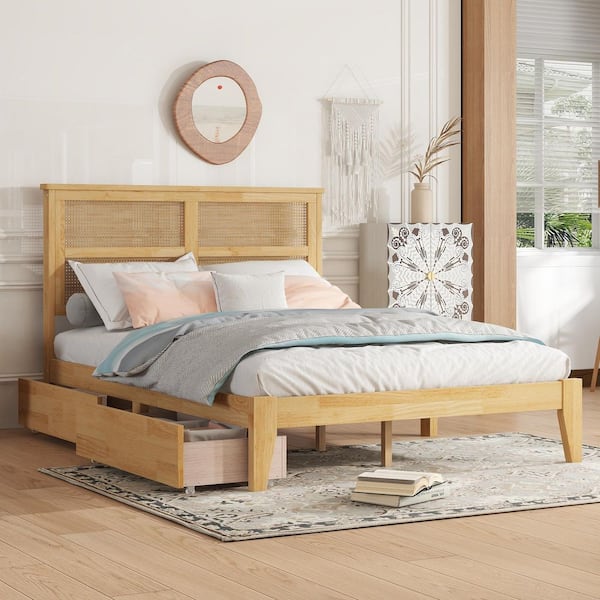 Elsie White Oak Solid Wood Frame Full Platform Bed with Rattan Headboard and 2 Storage Drawers
