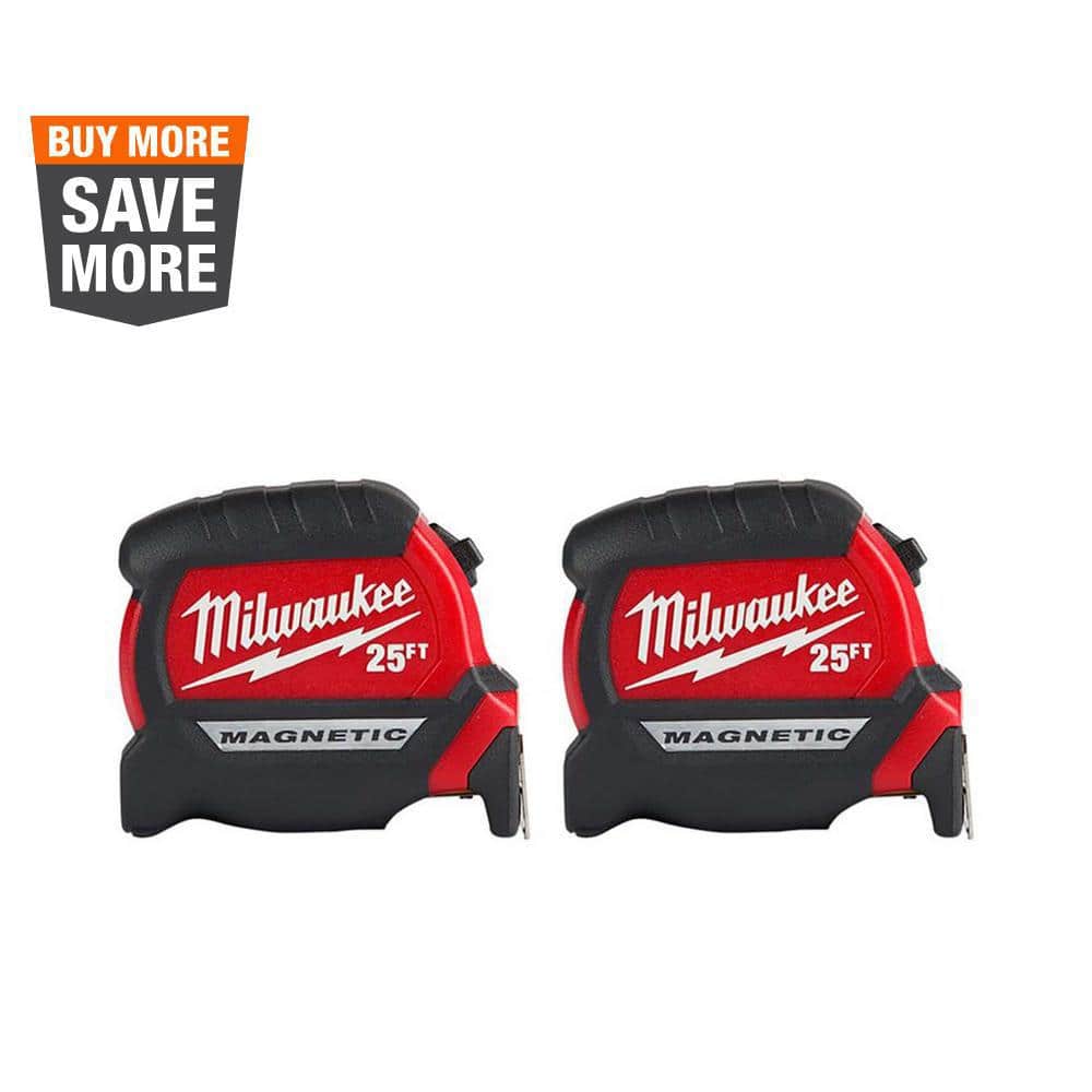 Milwaukee 25 ft. x 1-1/16 in. Compact Magnetic Tape Measure with 15 ft.  Reach (2-Pack) 48-22-0325FX The Home Depot