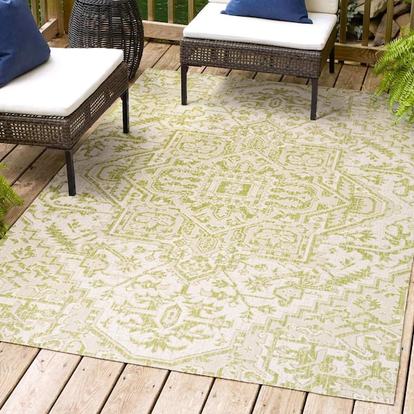 Estrella Bohemian Medallion Textured Weave Cream/Green 5 ft. x 8 ft. Indoor/Outdoor Area Rug