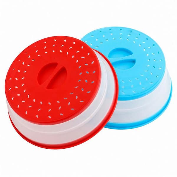 2-Piece Red and Blue Polypropylene BPA-Free Dishwasher Safe Collapsible Microwave Splatter Guard with Vented Design