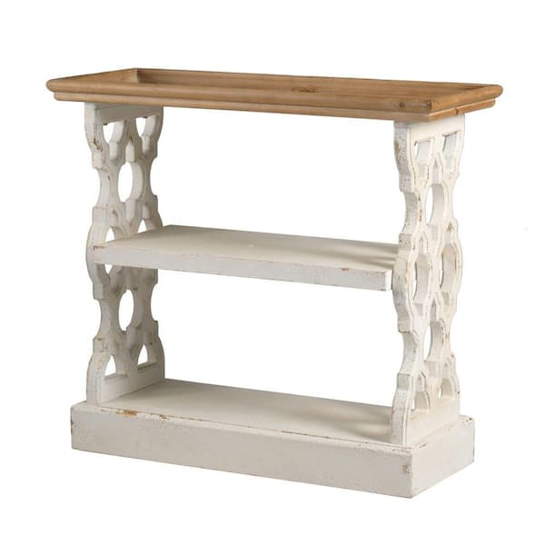 Benjara 14.2 in. Brown and White Rectangle Wood Top Console Table with Carved Panels