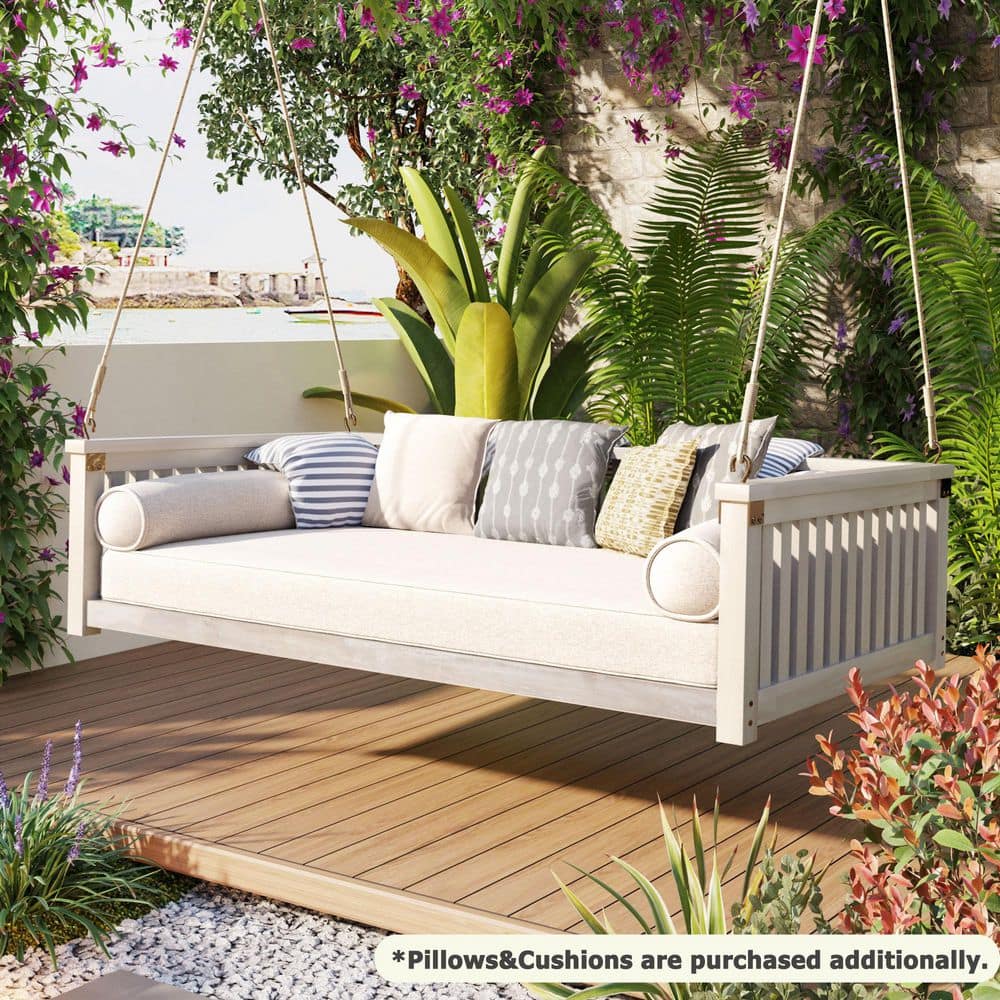 White Twin Size Wood Porch Swing Bed with Ropes, Patio Minimalist Hanging Bed for Garden Backyard, Safe Sloped Design