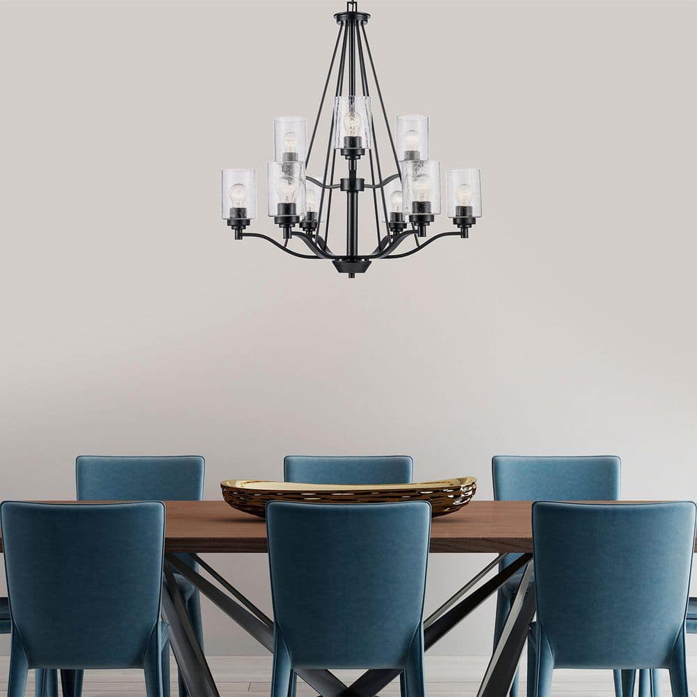 Simi Modern Black 9-Light Tiered Chandelier with Seeded Glass Shades