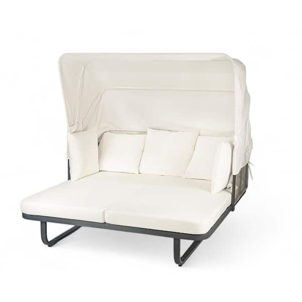 Unbranded 57 in. Metal Outdoor Patio Day Bed Rattan Sunbed with Beige Cushions for Patio, Backyard, Pool