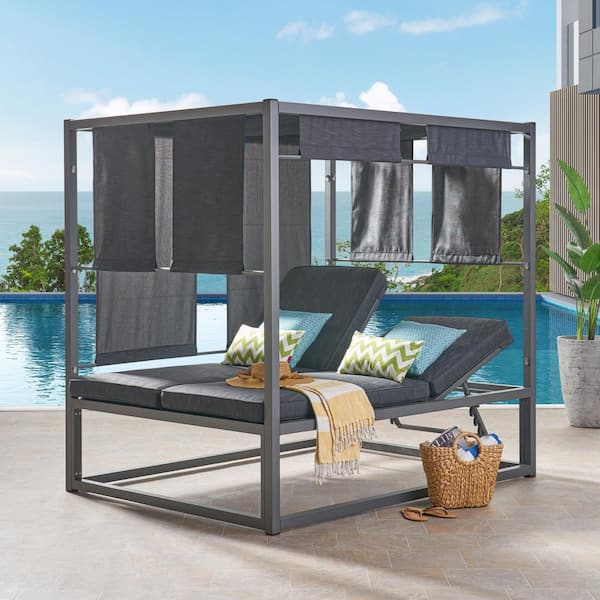 Noble House Heminger Gray Metal Outdoor Day Bed with Dark Gray Cushion