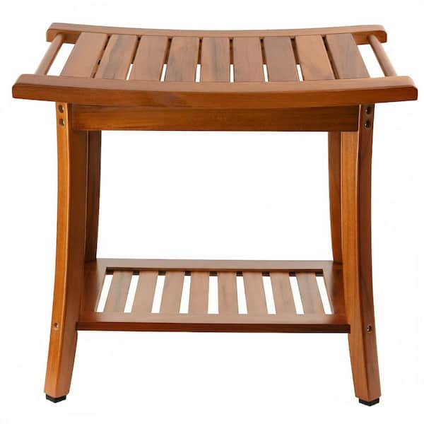 Teak Wood Outdoor Storage Stool with Handles and Towel Shelf Easy Assembly Non Slip Rubber Feet for Indoor Outdoor Use