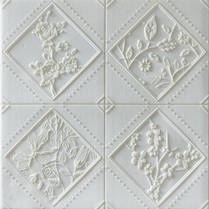 Falkirk Jura II 28 in. x 28 in. Peel and Stick Off White Flowers in Rhombus PE Foam Decorative Wall Paneling (10-Pack)