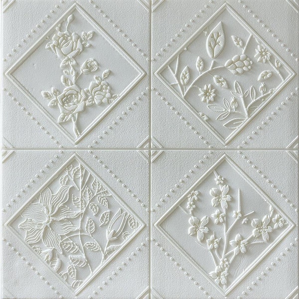 Dundee Deco Falkirk Jura II 1/3 in. 28 in. x 28 in. Peel and Stick Off White Flowers in Rhombus PE Foam Decorative Wall Paneling