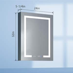 24 in. W x 32 in. H Rectangular Silver Aluminum Recessed/Surface Mount Right Medicine Cabinet with Mirror LED and Clock