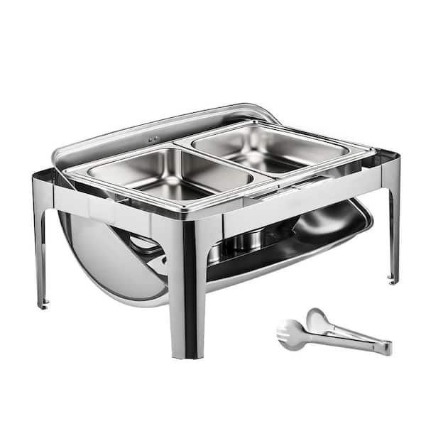Roll Top Chafing Dish Set, 9 qt. Stainless Steel Chafer with 2-Half Size Pans, Rectangle Catering Warmer, Silver