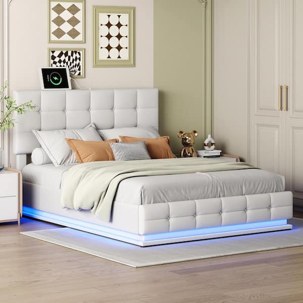 Harper & Bright Designs White Wood Frame Queen Size Tufted PU Upholstered Storage Platform Bed with LED Lights and USB charger