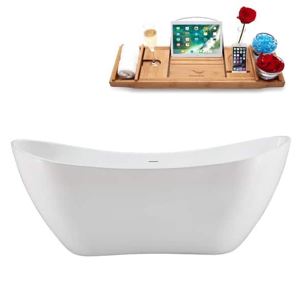 Streamline 71 in. x 32 in. Acrylic Freestanding Soaking Bathtub in Glossy White With Brushed Nickel Drain