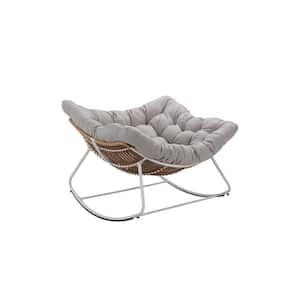 White Metal Oversized Outdoor Rocking Chair Papasan Chair with Padded Light Gray Cushions