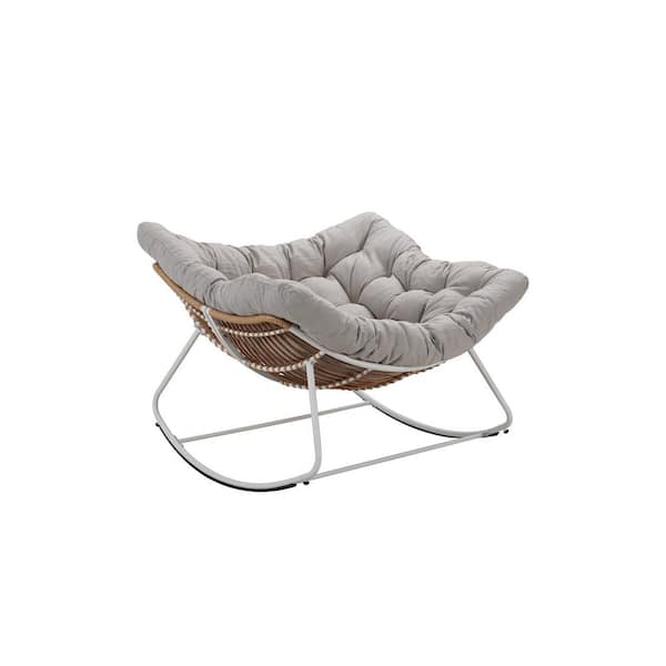 Sudzendf White Metal Oversized Outdoor Rocking Chair Papasan Chair with Padded Light Gray Cushions