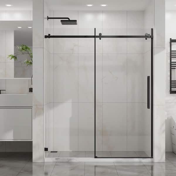 60 in. W x 72 in. H Sliding Frameless Shower Door in Matte Black with Clear Glass with Stainless Steel Hardware