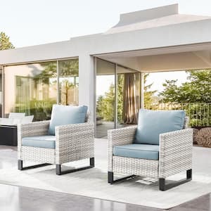 U-Weave Metal and Light Beige Wicker Outdoor Lounge Chair with Olefin Baby Blue Cushions (2-Pack)