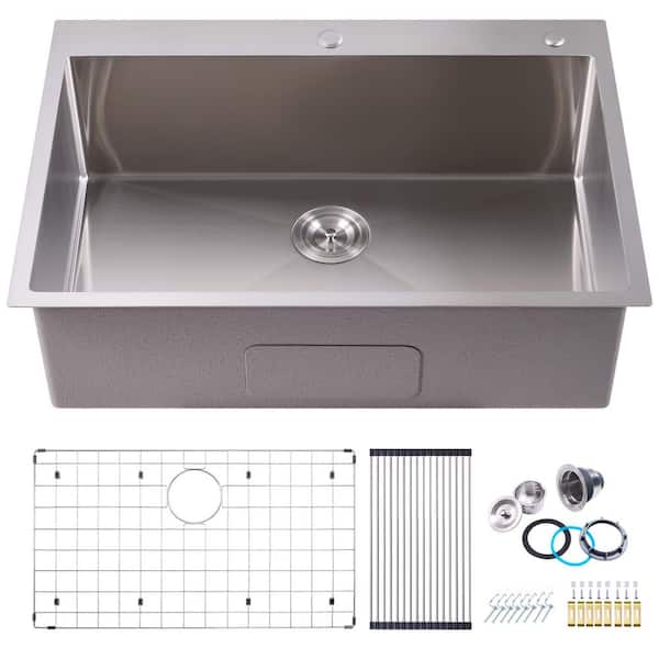 32 in. Drop-In/Undermount Single Bowl 16-Gauge Brushed 304-Stainless Steel Kitchen Sink with Accessories