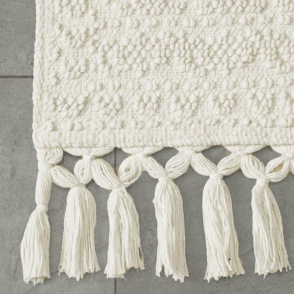 Nellore Ivory White Ivory 24 in. x 64 in. Fringe Solid Color Cotton Rectangle Bath Rug